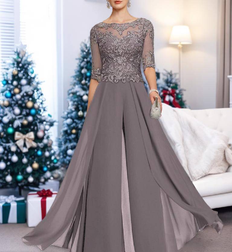 Ankle Length Mother Of The Bride Chiffon Pantsuit With Lace And Jewel Neckline