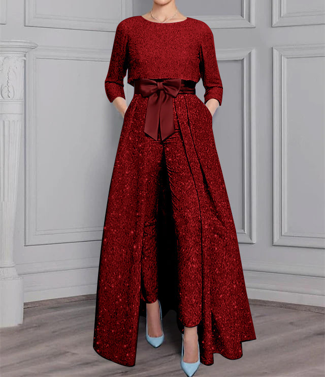 Two Piece Long Sleeve Mother Of The Bride Pantsuit With Sash And Sequins