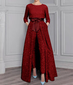 Two Piece Long Sleeve Mother Of The Bride Pantsuit With Sash And Sequins