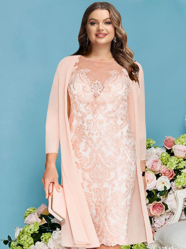 Plus Size Knee Length Mother Of The Bride Lace Appliques Dress With Long Sleeves