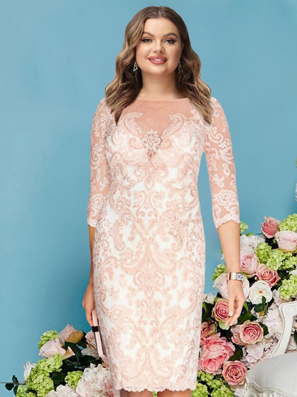 Plus Size Knee Length Mother Of The Bride Lace Appliques Dress With Long Sleeves