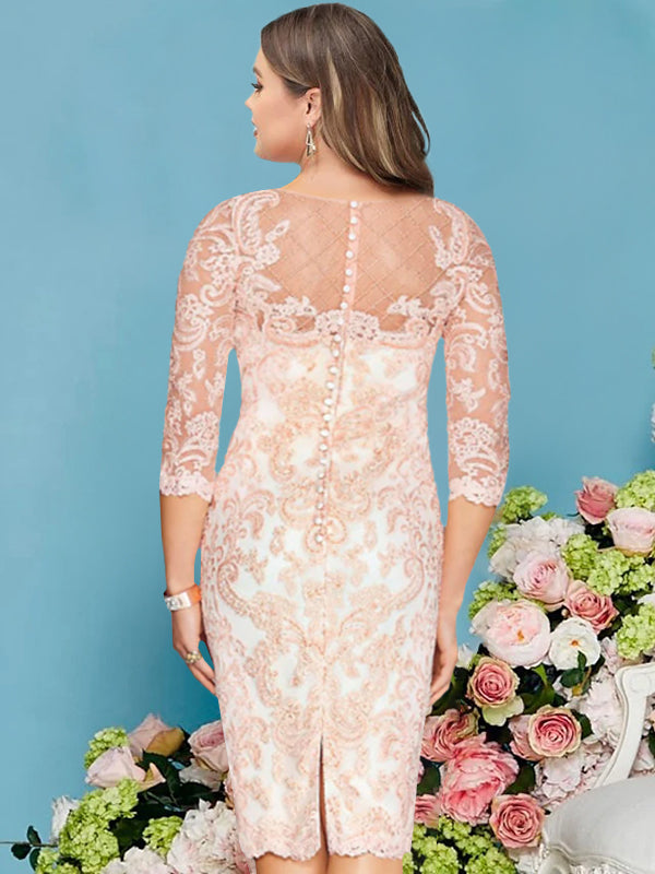 Plus Size Knee Length Mother Of The Bride Lace Appliques Dress With Long Sleeves