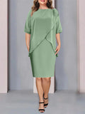 Plus Size Knee Length Beaded Ruched Mother Of The Bride Dress Jewel Neck