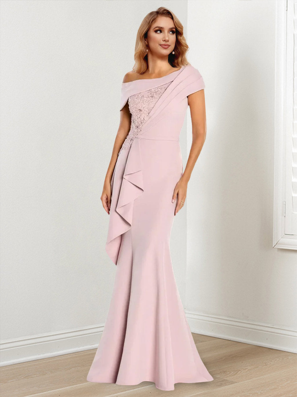 One Shoulder Lace Mother Of The Bride Dress With Long Sleeve Trumpet Silhouette