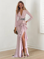 Crepe Beaded Floorlength V Neck Long Sleeve Sheath Dress for Mother of the Bride