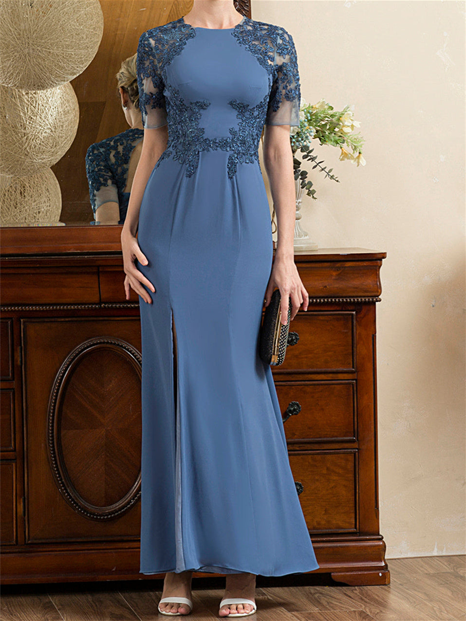 Mother Of The Bride Dress Short Sleeve Ankle Length Trumpet Mermaid With Slit