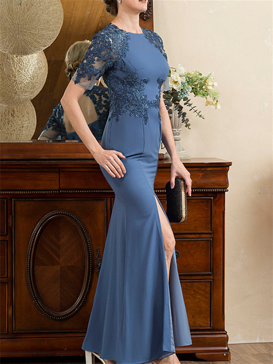 Mother Of The Bride Dress Short Sleeve Ankle Length Trumpet Mermaid With Slit