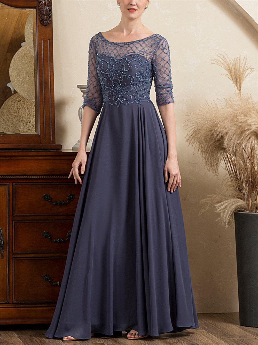 Floor Length Beaded A Line Mother Of The Bride Dress With Scoop Neck