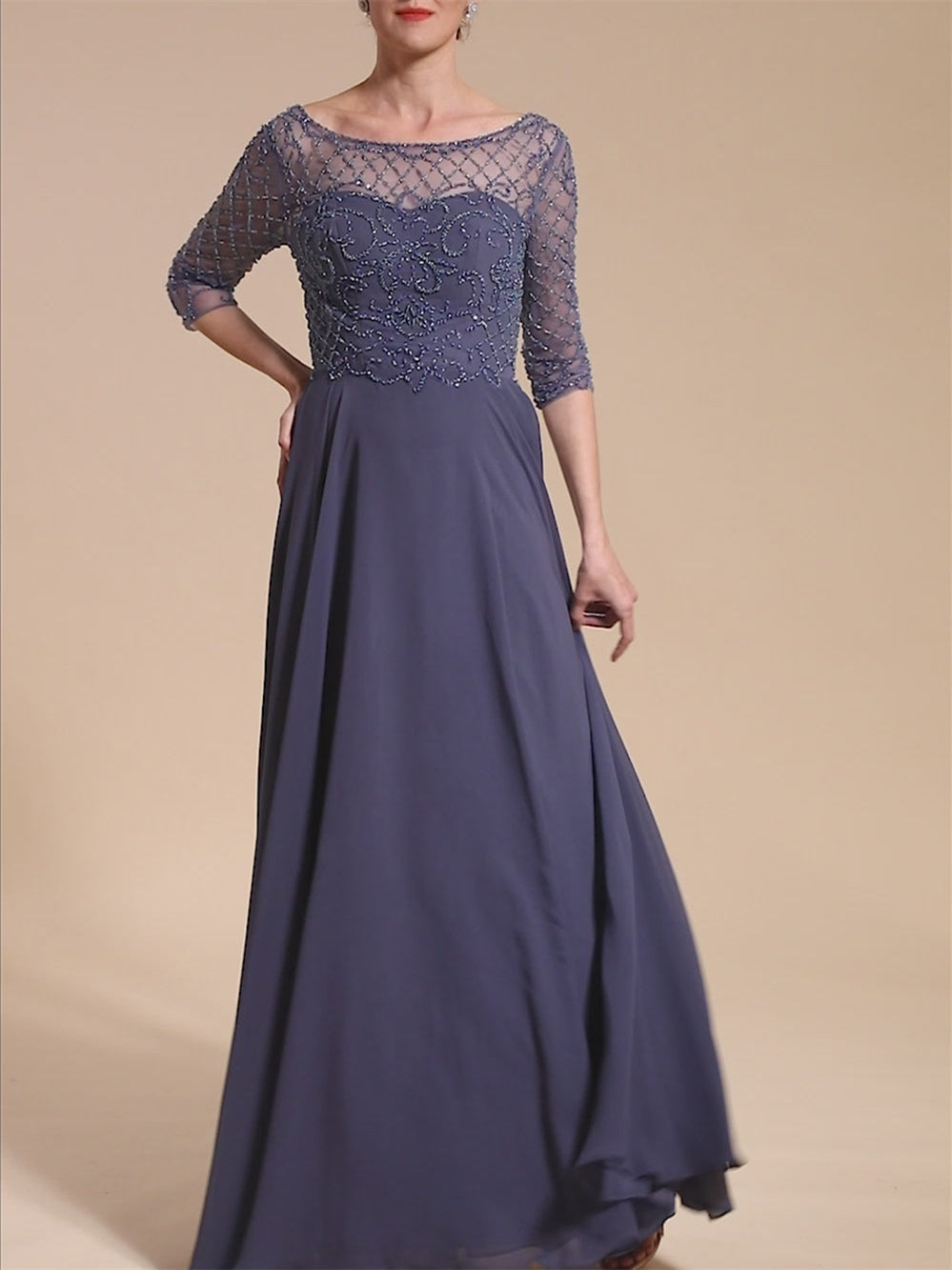Floor Length Beaded A Line Mother Of The Bride Dress With Scoop Neck