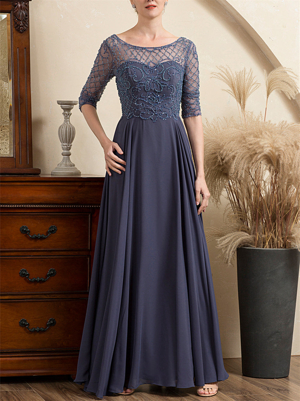 Floor Length Beaded A Line Mother Of The Bride Dress With Scoop Neck
