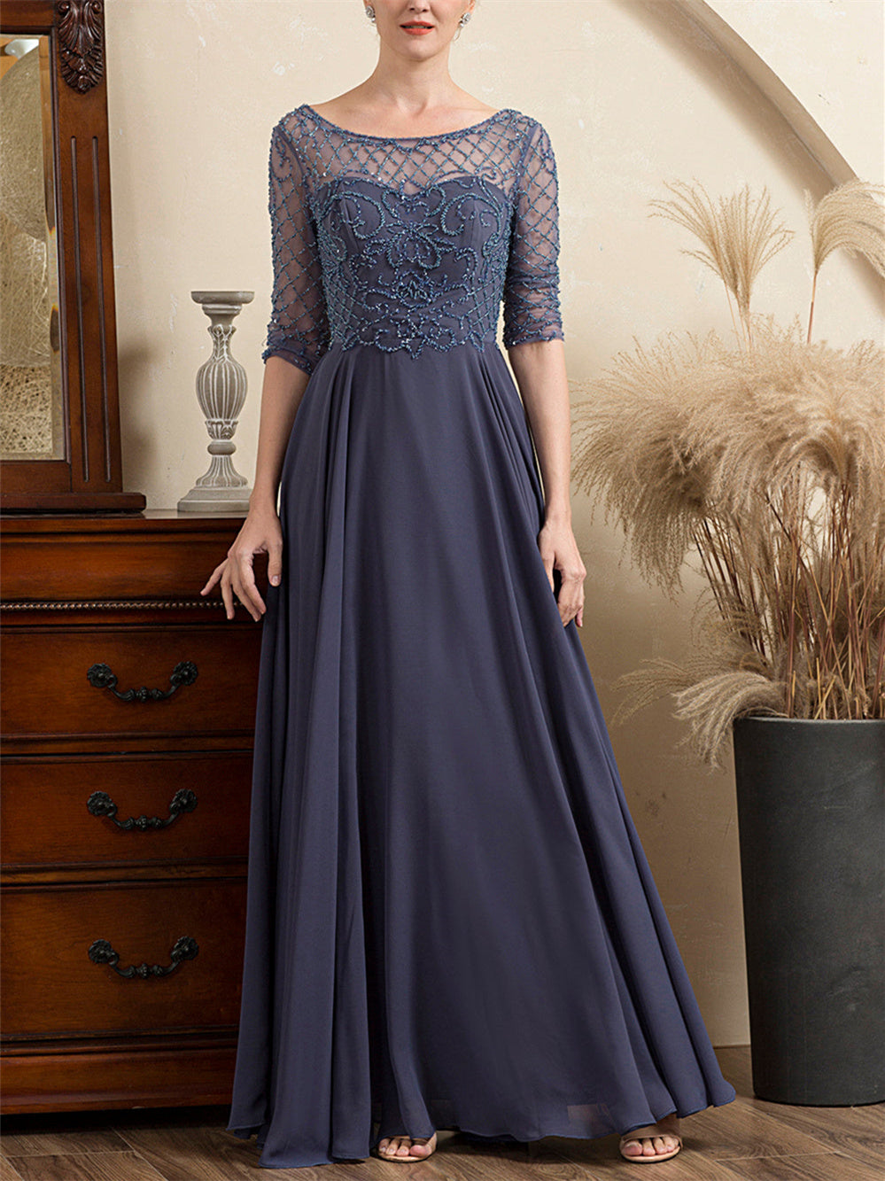 Floor Length Beaded A Line Mother Of The Bride Dress With Scoop Neck