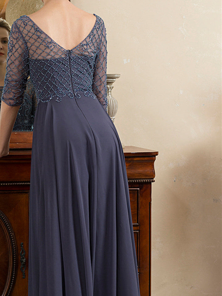 Floor Length Beaded A Line Mother Of The Bride Dress With Scoop Neck