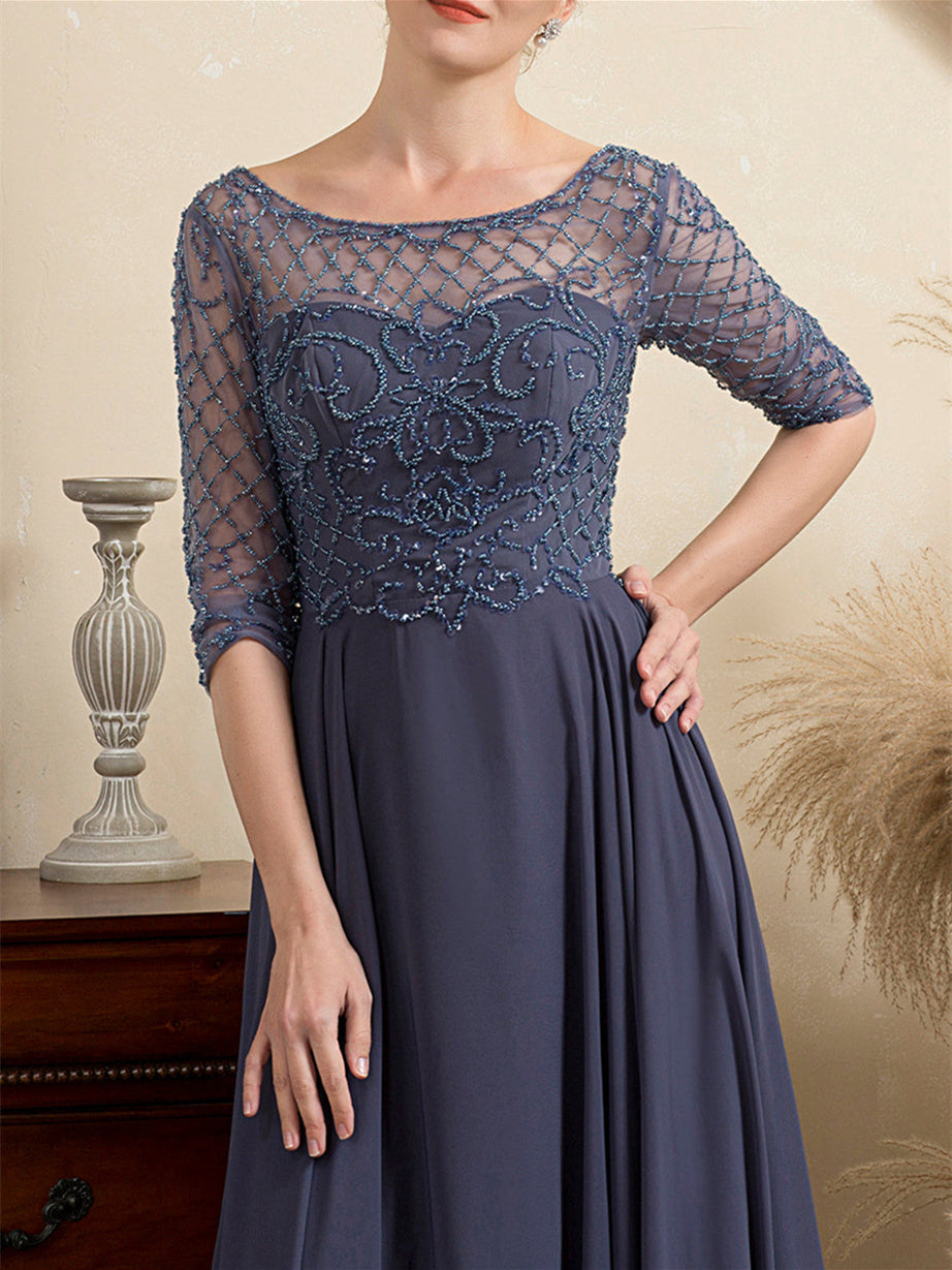 Floor Length Beaded A Line Mother Of The Bride Dress With Scoop Neck