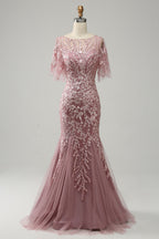 Floor-Length Mother of the Bride Lace Dresses with Trumpet/Mermaid Scoop Half Sleeves