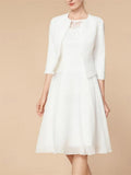Knee Length Mother Of The Bride Dress A Line With Three Quarter Sleeves Wraps