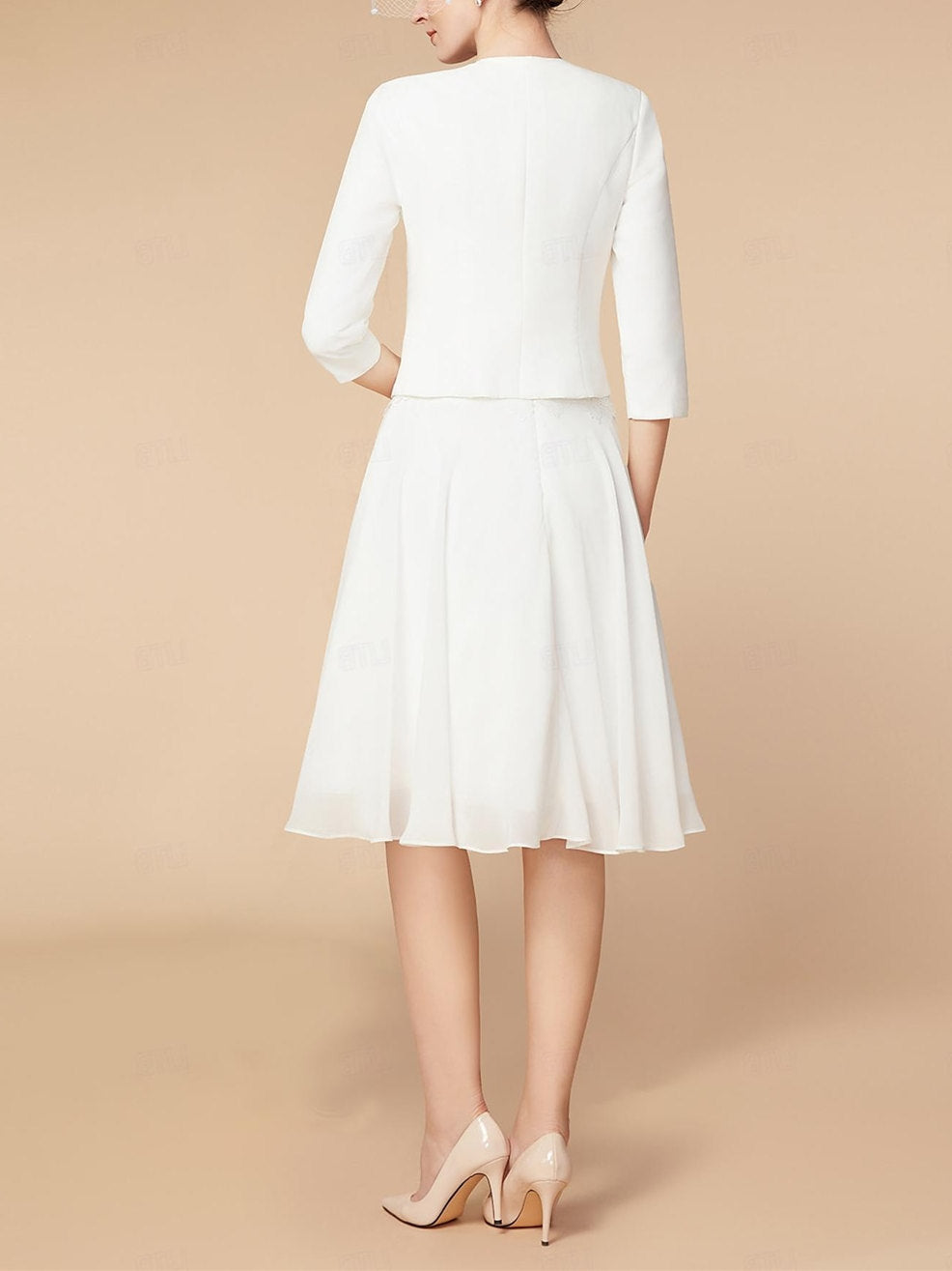 Knee Length Mother Of The Bride Dress A Line With Three Quarter Sleeves Wraps