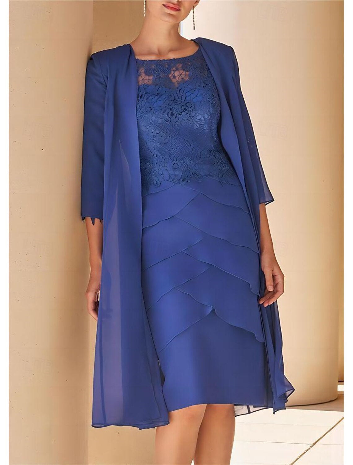 Mother Of The Bride Lace Sheath Dress With Short Sleeves Knee Length