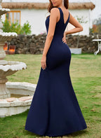 Vestidos de Mãe da Noiva com Decote em V, Sem Mangas, Comprimento até ao Chão, Modelo Tubo/Coluna com Fenda