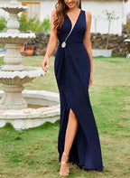 Vestidos de Mãe da Noiva com Decote em V, Sem Mangas, Comprimento até ao Chão, Modelo Tubo/Coluna com Fenda