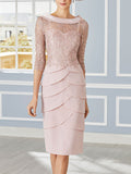 Mother Of Bride Lace Sheath With Scoop Neck Three Quarter Sleeves Knee Length