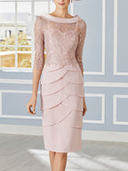 Mother Of Bride Lace Sheath With Scoop Neck Three Quarter Sleeves Knee Length