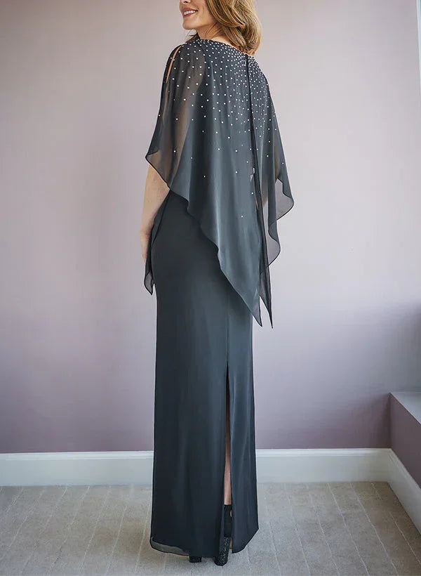 Robe de mère de la mariée à fourreau/col en V, manches mi-longues, longueur au sol