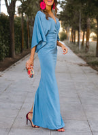 V Neck Floor Length Mother Of The Bride Dress With Front Split And Half Sleeves