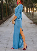 Vestidos para la madre de la novia con vaina/columnas, escote en V, mangas a medio brazo y largo hasta el suelo con abertura frontal