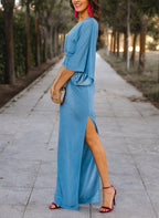 V Neck Floor Length Mother Of The Bride Dress With Front Split And Half Sleeves