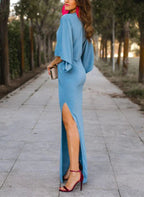 Vestidos para la madre de la novia con vaina/columnas, escote en V, mangas a medio brazo y largo hasta el suelo con abertura frontal