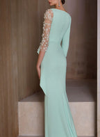 V Neck Three Quarter Sleeve Floor Length Sheath Dress Mother Of Bride Appliques