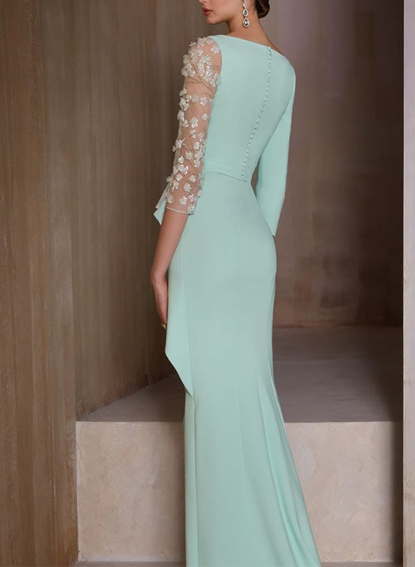 V Neck Three Quarter Sleeve Floor Length Sheath Dress Mother Of Bride Appliques
