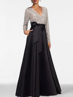 V-Neck A-Line Princess Floor-Length Mother of the Bride Dress with Long Sleeves Pocket and Sequins