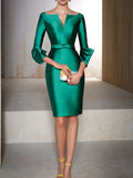 V-Neck 3/4 Sleeve Knee-Length Sheath Dress for Mother of the Bride with Sash