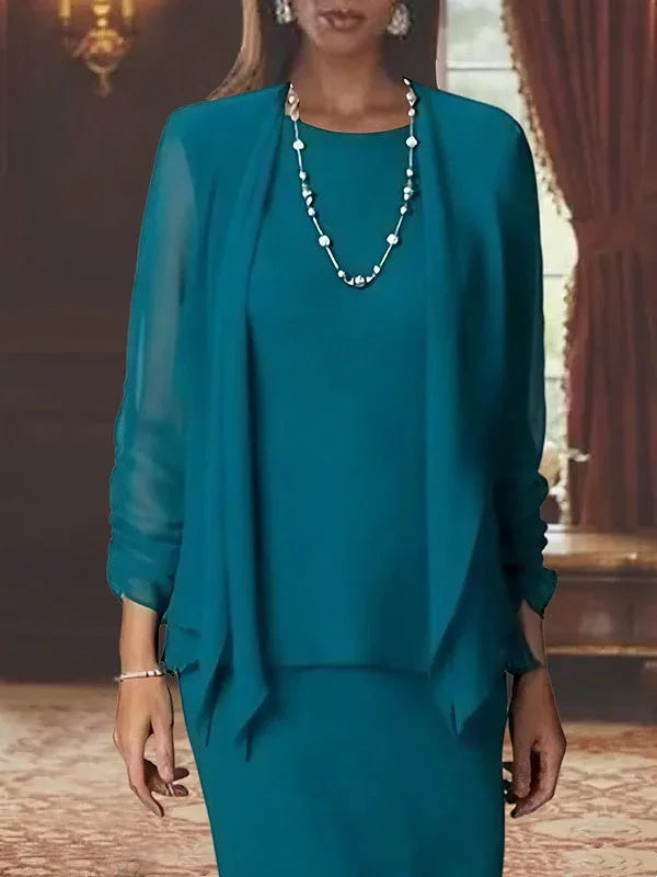 Robe mère de la mariée à fourreau/col en V, manches longues, longueur au sol