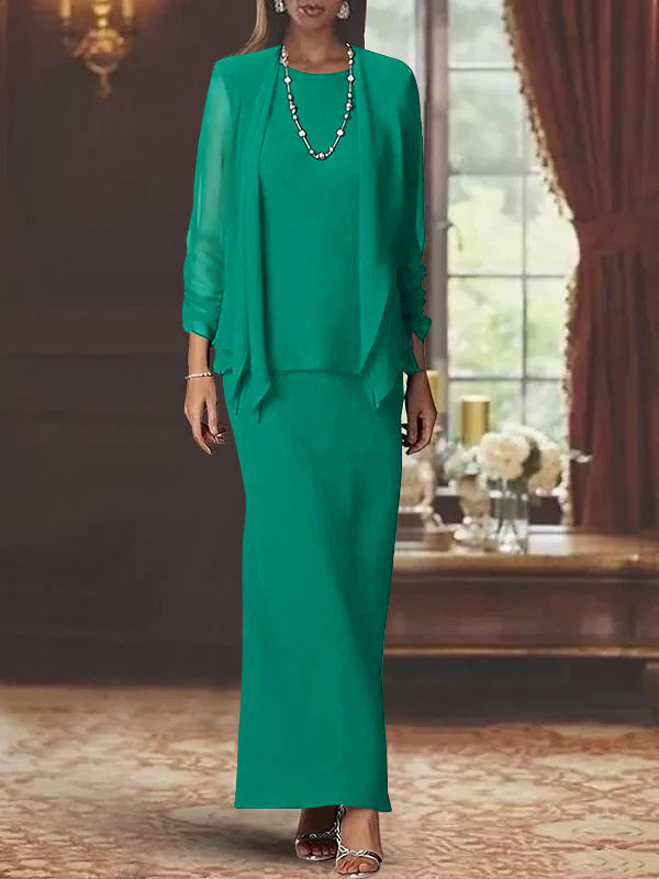 Floor-Length Scoop Neck Sheath Dress with Long Sleeves and Jacket for the Mother of the Bride
