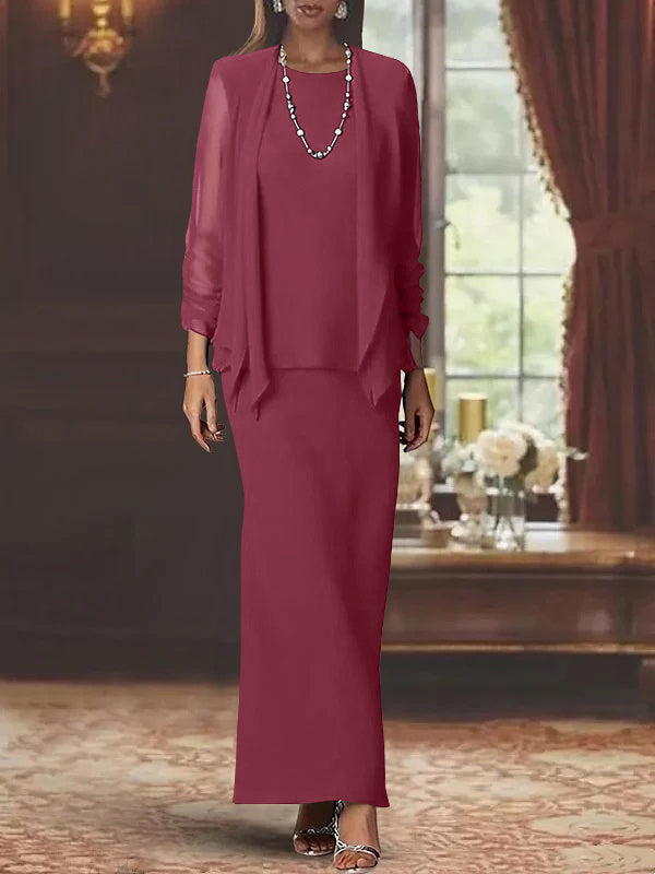 Floor-Length Scoop Neck Sheath Dress with Long Sleeves and Jacket for the Mother of the Bride