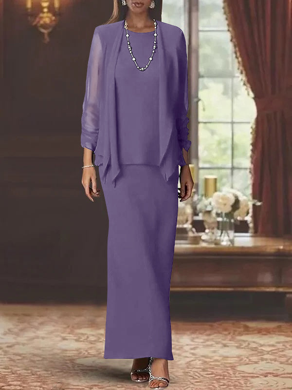 Floor-Length Scoop Neck Sheath Dress with Long Sleeves and Jacket for the Mother of the Bride