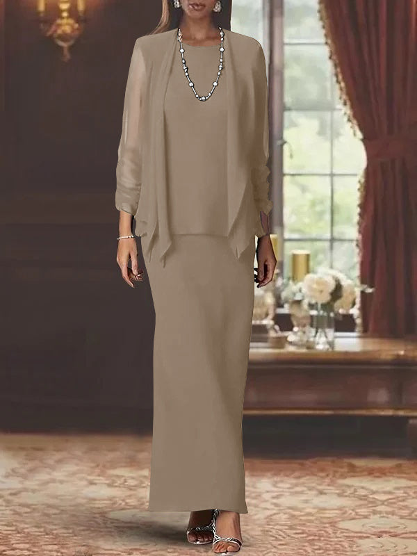Floor-Length Scoop Neck Sheath Dress with Long Sleeves and Jacket for the Mother of the Bride