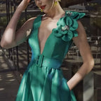 V Neck Sleeveless A Line Tea Length Mother Of The Bride Dress With Sash
