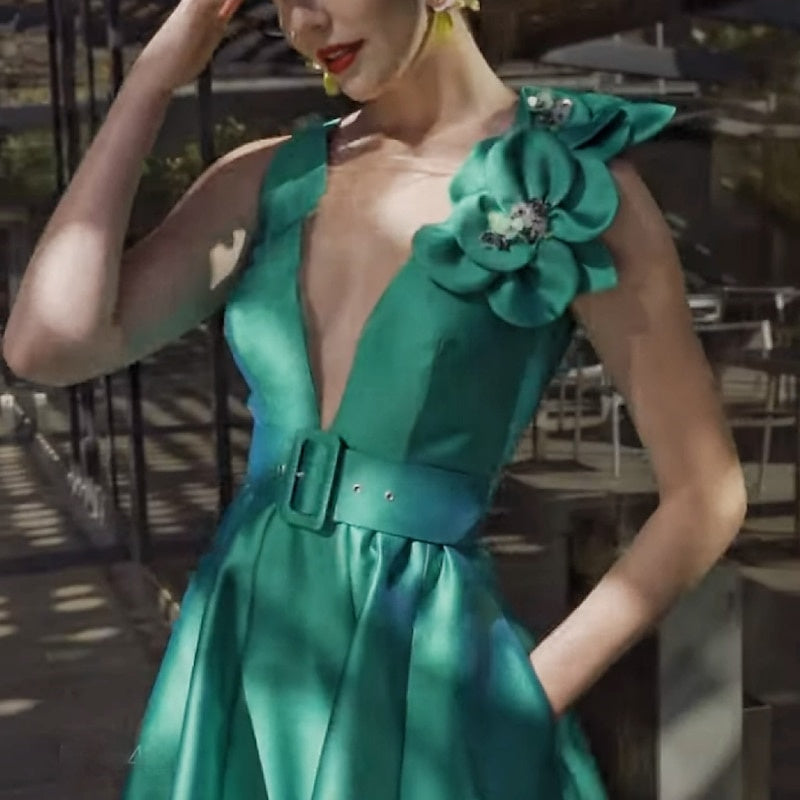 V Neck Sleeveless A Line Tea Length Mother Of The Bride Dress With Sash