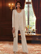 Floor-Length V-Neck Chiffon Pantsuits with Jacket & Sequins for the Mother of the Bride