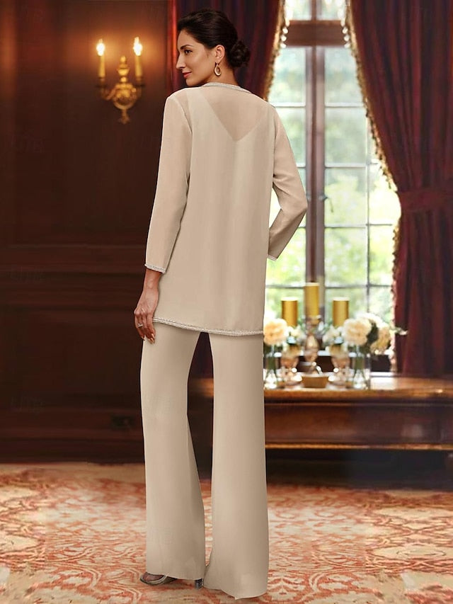 Plus Size Mother of the Bride Chiffon Pantsuit V Neck Floor Length Jacket Sequins