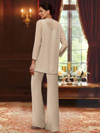 Floor-Length V-Neck Chiffon Pantsuits with Jacket & Sequins for the Mother of the Bride