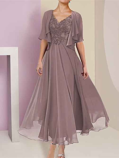 Elegant Short Sleeve A Line Jacket Dress For Mother Of The Bride