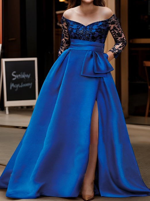 Vestidos para madre de la novia de corte A/princesa, hombros descubiertos, mangas 3/4 y largo hasta el suelo 