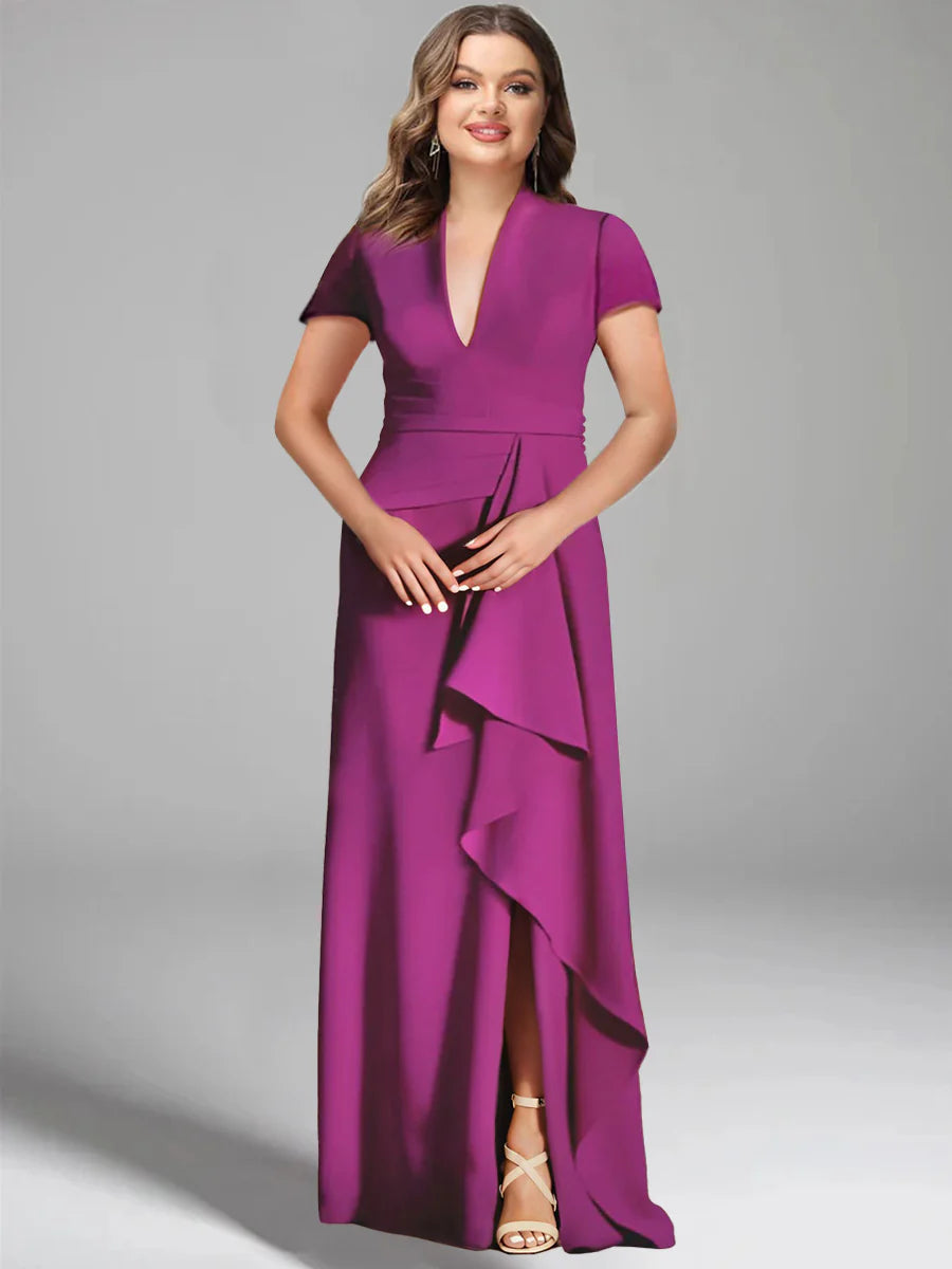 Plus Size Mother Of The Bride Floor Length V Neck Short Sleeve Dress Side Split
