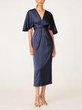 V Neck Half Sleeve Tea Length Sheath Dress For Mother Of The Bride With Ruffles