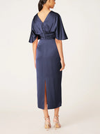 V Neck Half Sleeve Tea Length Sheath Dress For Mother Of The Bride With Ruffles