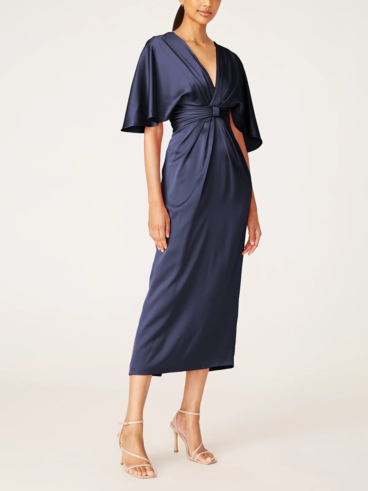 V Neck Half Sleeve Tea Length Sheath Dress For Mother Of The Bride With Ruffles